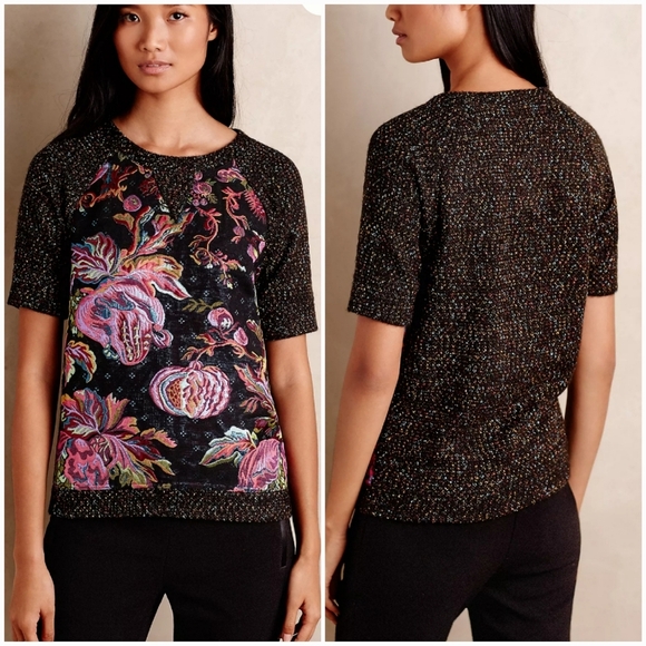 Anthropologie, James Coviello Artsy Brocade Spliced Tweed Knit Top, SZ Small - Picture 1 of 11